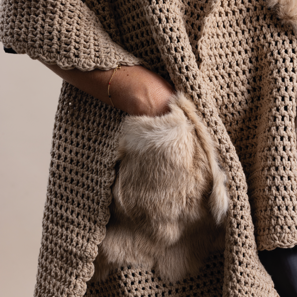 Beige Crochet Scarf With Real Fur Pocket