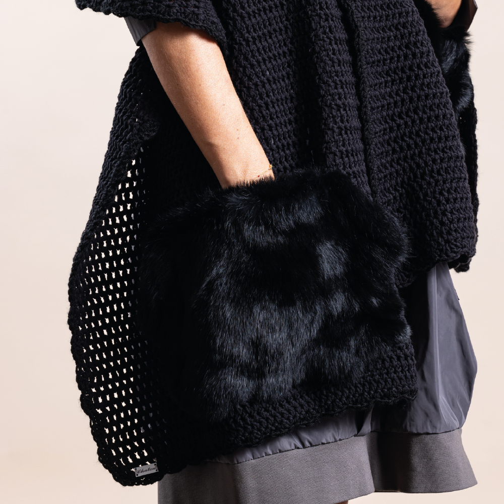 Black Crochet Scarf With Real Fur Pocket