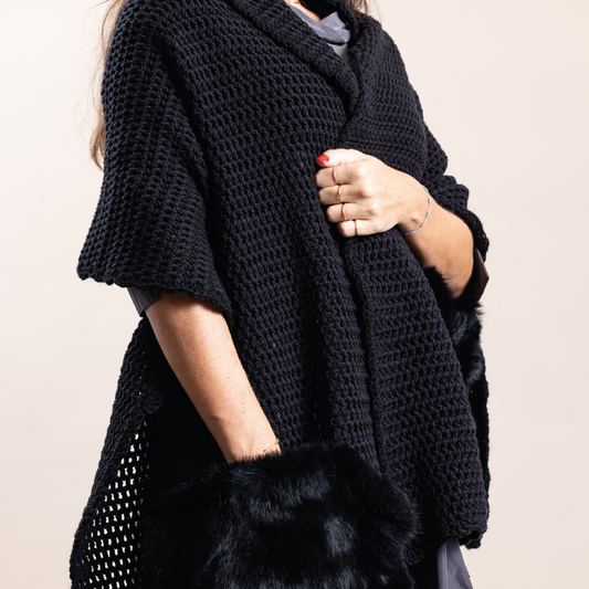 Black Crochet Scarf With Real Fur Pocket