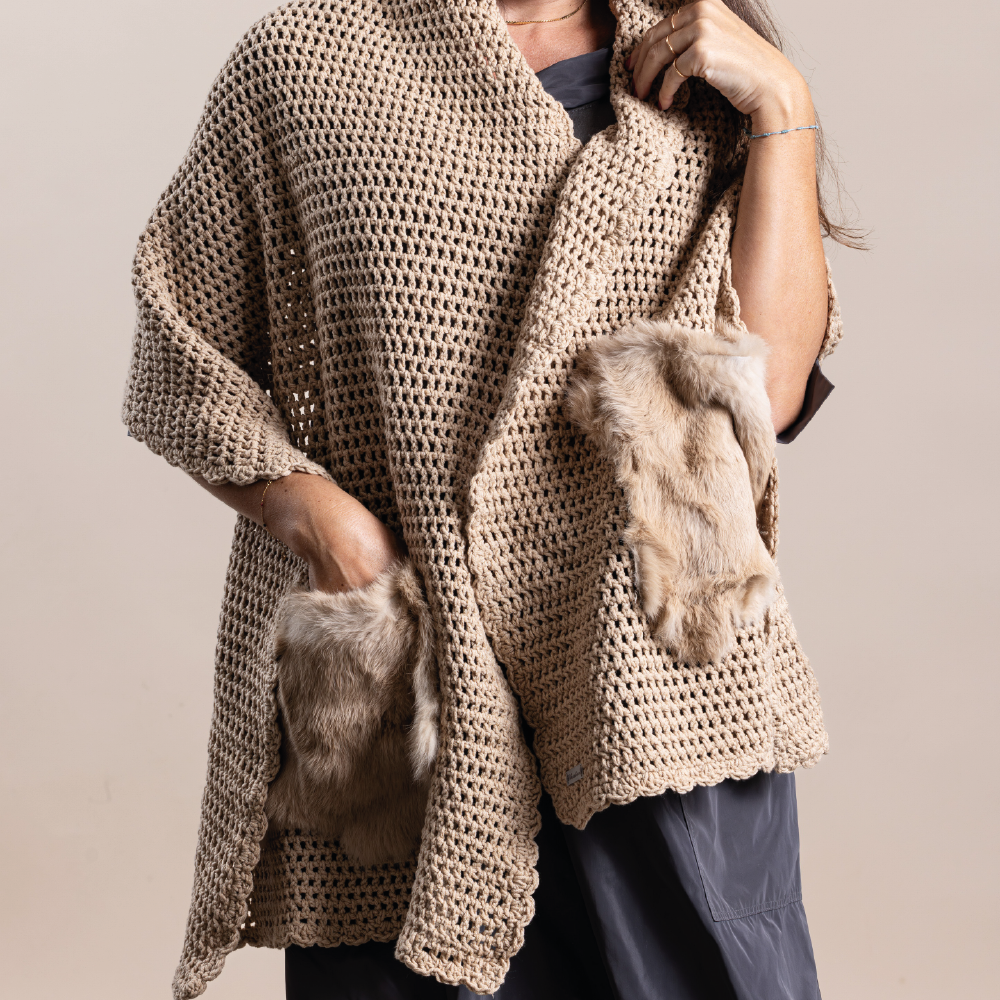 Beige Crochet Scarf With Real Fur Pocket