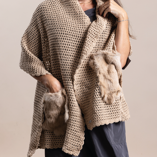 Beige Crochet Scarf With Real Fur Pocket