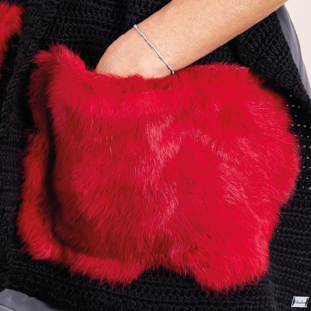 Black And Red Crochet Scarf With Real Fur Pocket